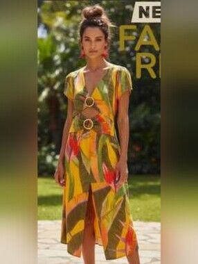 Farm Rio Yellow Garden Tropical Cutout Midi Dress in Yellow and Green